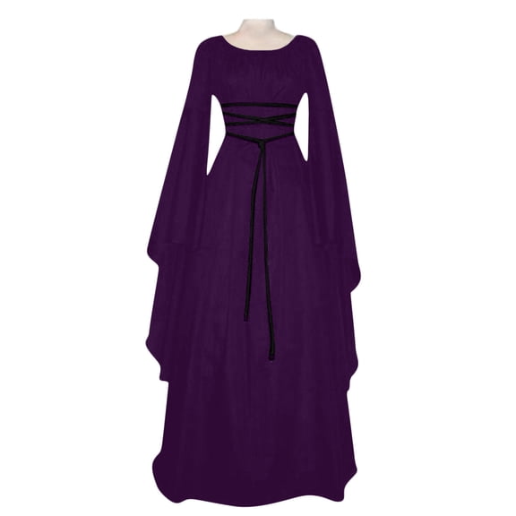 Halloween Cosplay Dress, Lace Up Waist Dress, Medieval Witch Dress, Womens Medieval Dress Victorian Costume Renaissance Long Dress Costumes Irish Over Cosplay Retro Gown, Purple M