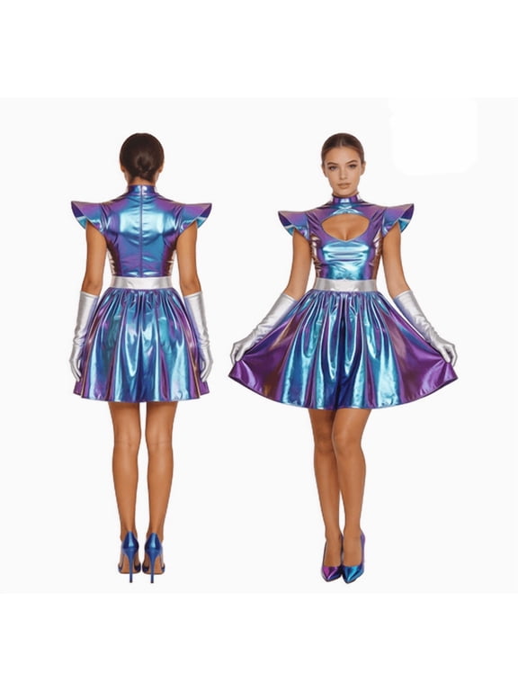 Halloween Cosplay Holographic Space Cadet Costume for Women, Shiny Metallic Futuristic Mini Dress, Galactic Alien Robot Outfit for Halloween & Rave Party