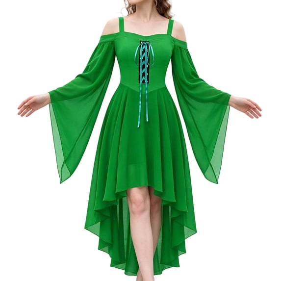 Halloween Cosplay Outfit, High Low Hem Fantasy Dress, Off Shoulder Gothic Witch High Low Dress, Flared Bell Sleeve Lace Up Renaissance Medieval Costume Dress for Halloween Cosplay Party, Green L