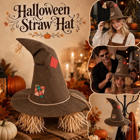 Halloween Cosplay Straw Witch Hat, Foldable Lightweight Travel Friendly Witch Cap, Classic Scarecrow Costume Accessory for Women Halloween Party Dress Up Cosplay Costume Prop