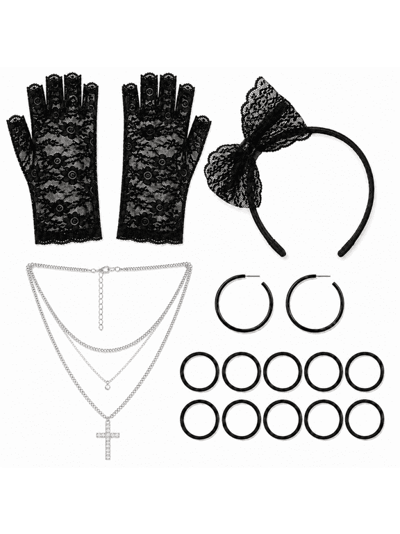 80s Goth Costume Accessories Set, Lace Headband, Fishnet Gloves, Earrings, Necklace and Bracelet for Women, Halloween Retro Party