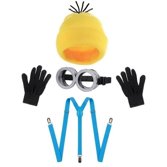 Minion Costume Accessories Set with 5 Pcs, Including Yellow Beanie, Goggles, Suspenders, and Gloves