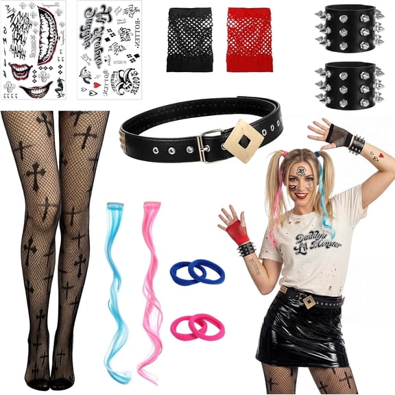 Halloween Costume Accessories Set for Women, Gloves Fishnet Stockings Hair Bands Tattoos Stickers and Bracelet Set for Halloween Cosplay Party Dress Up