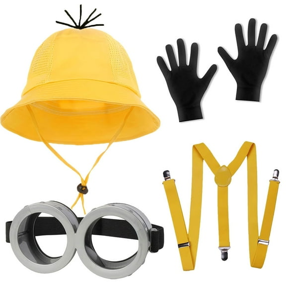 Halloween Costume Accessories for Adult 4PC Goggles Glasses Bucket Hat Gloves Suspenders for Men Women Cosplay Set