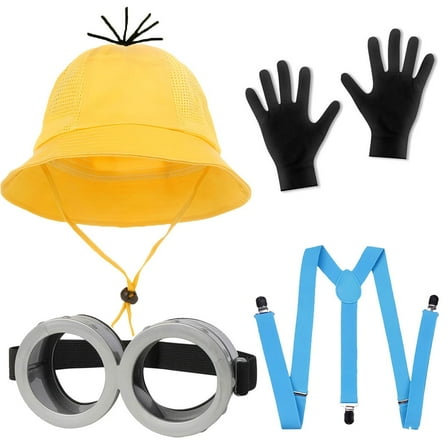 Halloween Costume Accessories for Adult 4PC Goggles Glasses Bucket Hat Gloves Suspenders for Men Women Cosplay Set