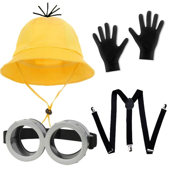 Halloween Costume Accessories for Adult 4PC Goggles Glasses Bucket Hat Gloves Suspenders for Men Women Cosplay Set