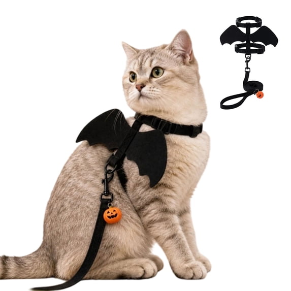 Halloween Costume Bat Wings Cat Harness Leash Set,Adjustable Escape Proof H‑Shape Cat Vest Harness For Small Pets Holiday Outdoor Walking,M