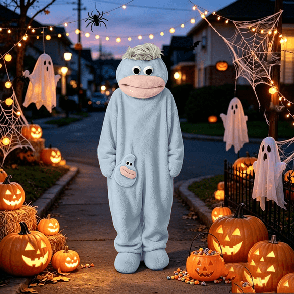 Halloween Costume Big Mouth Monster Onesie, Funny Adult Matching One Piece Pajamas with Comb, Cartoon Loungewear for Couples, Cozy Sleepwear for Parties, Cosplay and Home,Light Blue M