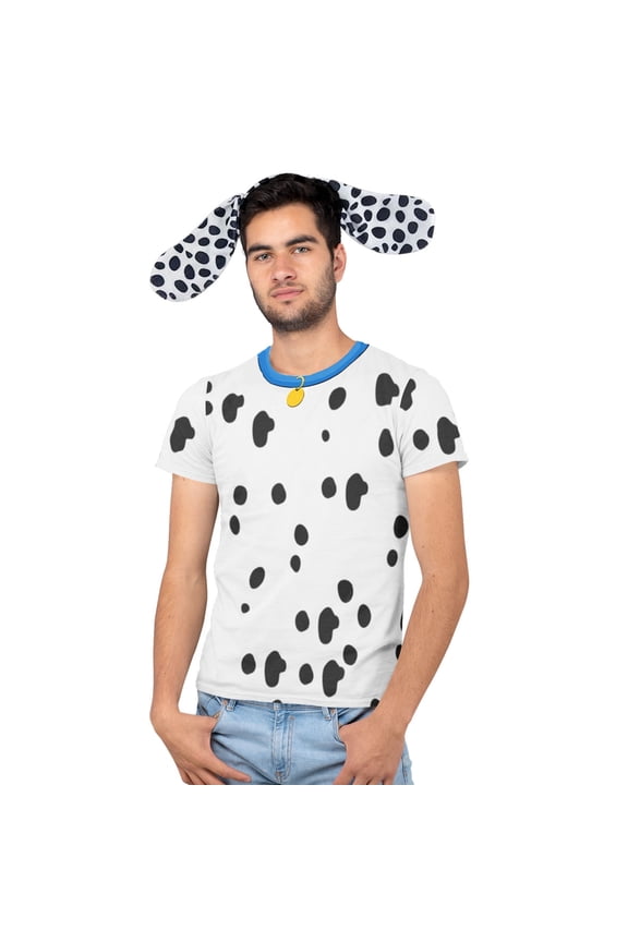 Halloween Costume Dalmatian with Blue Collar Mens Sublimation T Shirt with Dog Ears Headband