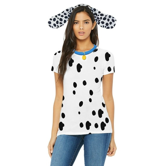 Halloween Costume Dalmatian with Blue Collar Womens Sublimation T Shirt with Dog Ears Headband