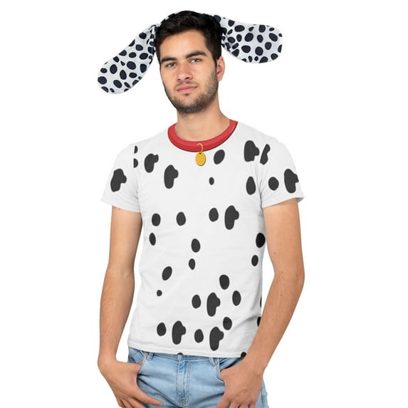 Halloween Costume Dalmatian with Red Collar Mens Sublimation T Shirt with Dog Ears Headband