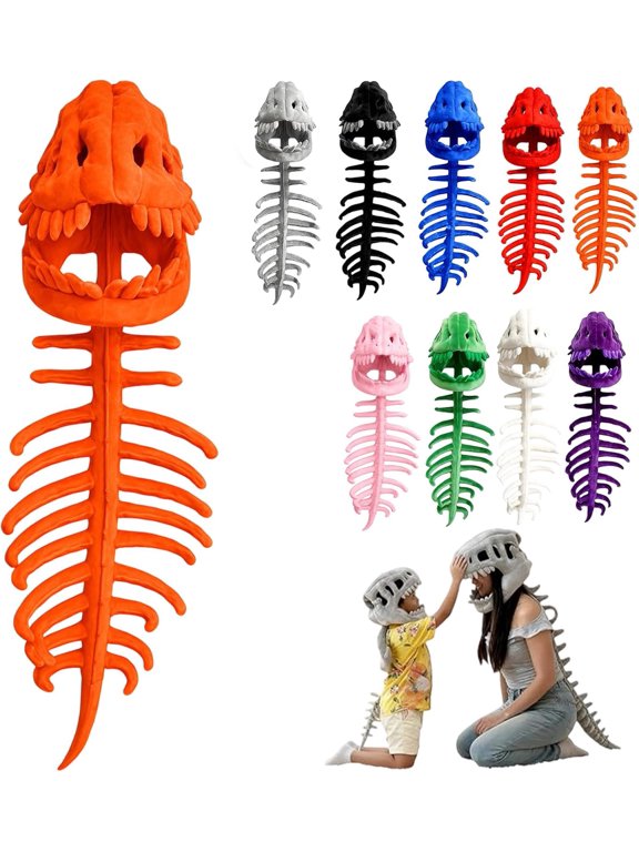 Halloween Costume Dinosaur Skeleton Costume, 3D Plush Spinosaurus Dino Outfit with Realistic Skull Headpiece and Plush Spine, for Costume Events & Photo Props, Orange