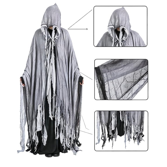 Halloween Costume, Ghost Cloak, Tattered Grim Reaper, Cloak Hooded Gauze, Tattered Grim Reaper Cloak Hooded Gauze Robe Distressed Fringe Halloween Costume for Spooky Season, Light Gray One Size