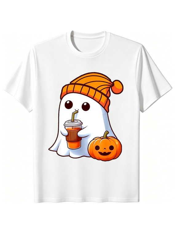 Halloween Costume Ghost Drinking Pumpkin Men Women Girls White T-Shirt