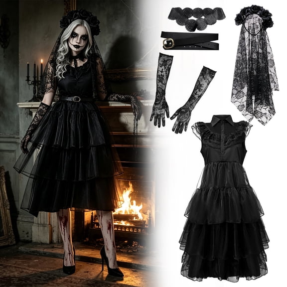 Halloween Costume Gothic Ghost Bride Cosplay Dress for Women, Black Tulle Cake Dress with Lace Veil Gloves and Belts for Themed Party Carnival Halloween Night