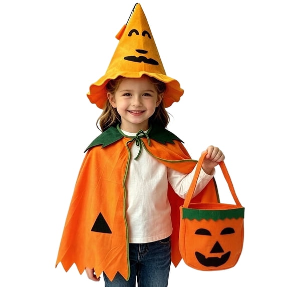 Halloween Costume, Halloween Outfit, Halloween Roleplay, Pumpkin Cape Costume Set Orange Cloak With Hat and Candy Bucket Halloween Pumpkin Outfit for Holiday Celebration, Saffron One Size