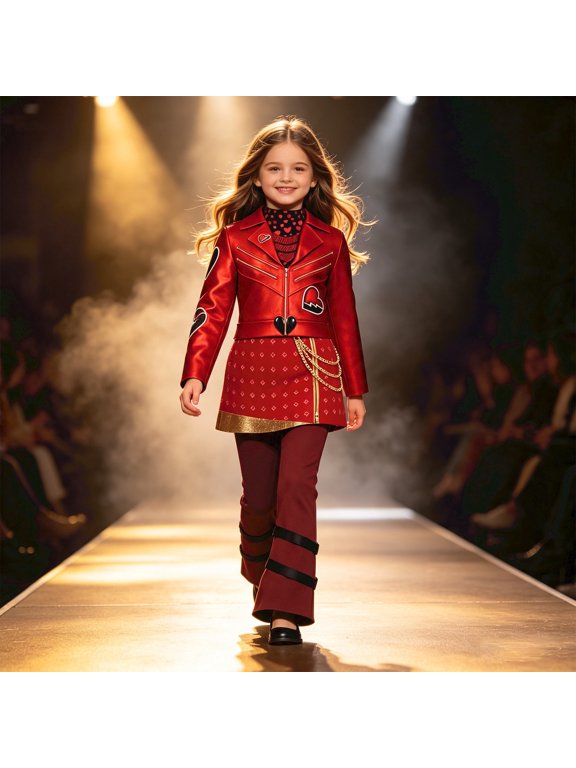 Halloween Costume Heart Rock Princess Cosplay Set for G'irls, Movie-Inspired Villain Daughter Leather-Look Jacket Skirt and Pants for Themed Party Carnival