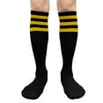 thumbnail image 1 of Halloween Costume Knee High Socks Cotton Blend Soft Stretchy Striped Plain Fall Socks, Medium, Black / 3 Yellow Stripes, 1 Pair, 1 of 7