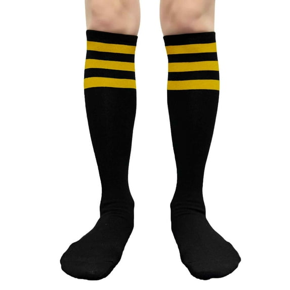 Halloween Costume Knee High Socks Cotton Blend Soft Stretchy Striped Plain Fall Socks, Medium, Black / 3 Yellow Stripes, 1 Pair