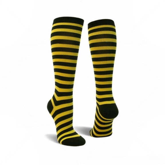 Halloween Costume Knee High Socks Cotton Blend Soft Stretchy Striped Plain Fall Socks, Medium, Black / Bright Yellow Thin Stripes, 1 Pair