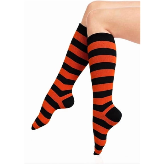 Halloween Costume Knee High Socks Cotton Blend Soft Stretchy Striped Plain Fall Socks, Medium, Black / Dark Orange, 1 Pair