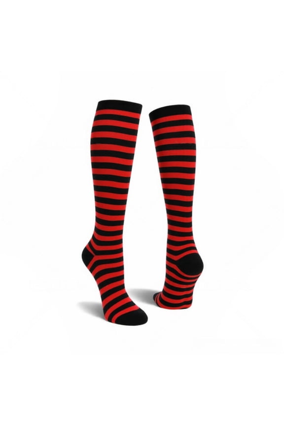 Halloween Costume Knee High Socks Cotton Blend Soft Stretchy Striped Plain Fall Socks, Medium, Black / Red Thin Stripes, 1 Pair
