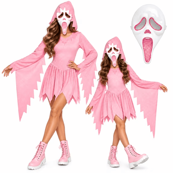 Halloween Costume - Pink Glitter Ghost Costume with Mask for Women, Cosplay Party Dress Up Bodysuit, Ghost Onesie Outfits for Halloween Nights, Size:M