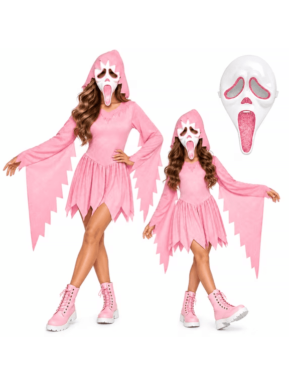 Halloween Costume - Pink Glitter Ghost Costume with Mask for Women, Cosplay Party Dress Up Bodysuit, Ghost Onesie Outfits for Halloween Nights, Size:M