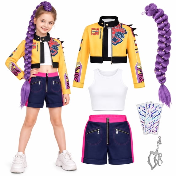 Halloween Costume Pop Star Stage Outfit for Girls, Popular Singer Costume with Jacket Top Shorts and Braided Ponytail Wig, Stage Performance, School Shows and Cosplay, Orange/140