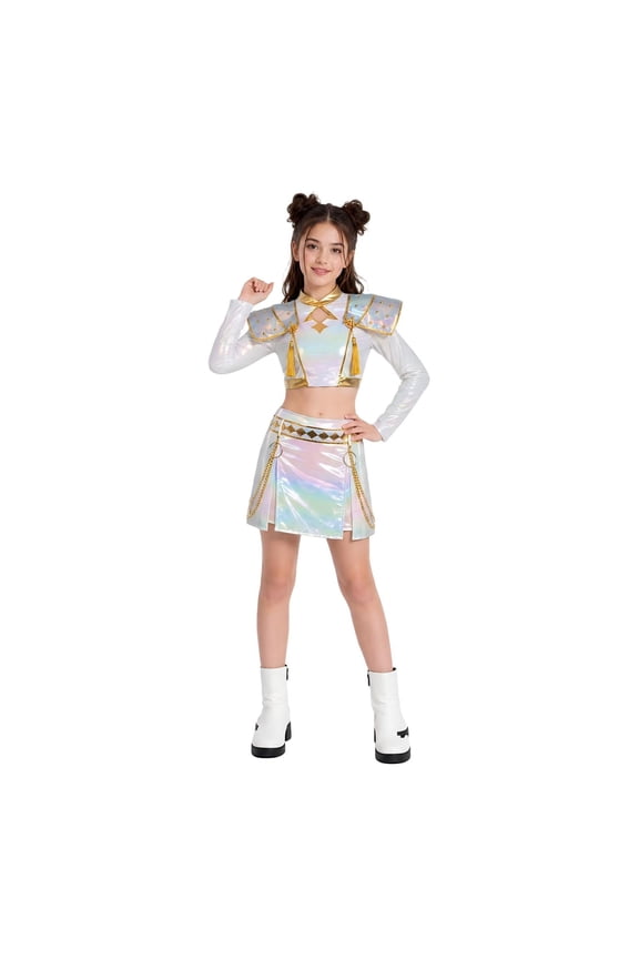 Halloween Costume Pop Star Stage Outfit K-Pop Idol Holographic Long Sleeve Top Skirt 7-Piece Set