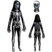 BANKIDS Halloween Skeleton Costume for Kids Black and White Scary Skeleton Jumpsuit Onesie Dress up with Hood and Mask 3-4Years(110)