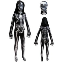 Halloween Skeleton Costume for Kids Black and White Scary Skeleton Jumpsuit Onesie Dress up with Hood and Mask 3-4Years(110)