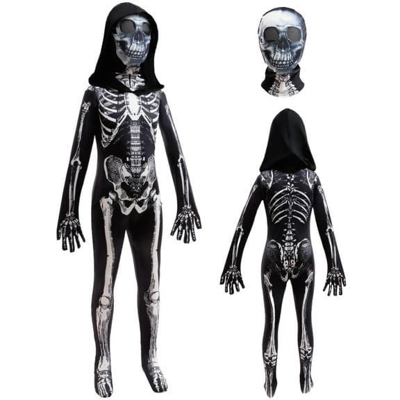 Halloween Skeleton Costume for Kids Black and White Scary Skeleton Jumpsuit Onesie Dress up with Hood and Mask 5-6Years(130)