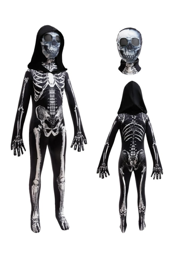 Halloween Skeleton Costume for Kids Black and White Scary Skeleton Jumpsuit Onesie Dress up with Hood and Mask 5-6Years(130)