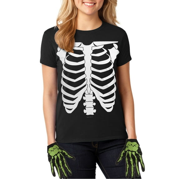 Halloween Costume Skeleton Glow In The Dark Juniors Costume T Shirt with Skeleton Gloves