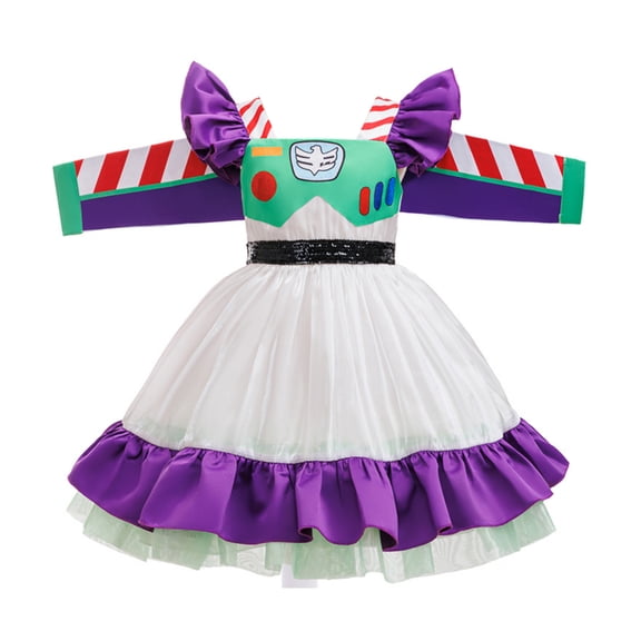 Halloween Costume Space Ranger Cosplay Outfits Purple Flutter Sleeve Sequin Tutu Dress with Wings for Halloween Dress Up,Size 90