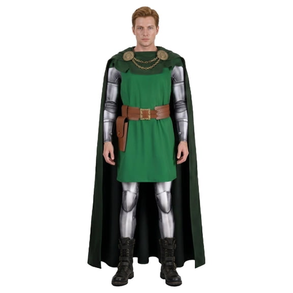 Halloween Costume Superhero Villain Cosplay Outfits Green Tunic Hooded Cape with Metallic Armor Print Jumpsuit Belt Set for Halloween Party,Size 180