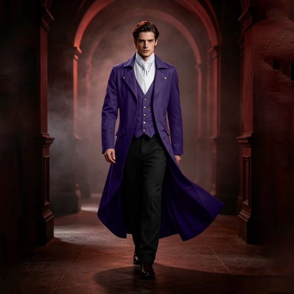 Halloween Costume, Victorian Overcoat, Long Trench Coat Vest, Set Victorian Gothic, Long Trench Coat With Vest Set Victorian Gothic Gentleman Overcoat Halloween Costume for Halloween Party, Purple S