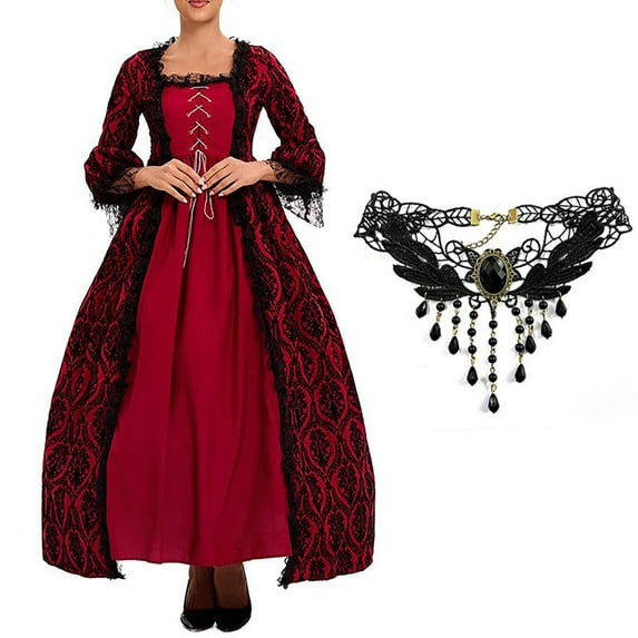 Halloween Costumes 18th Century Women's Rococo Ball Gown Victorian Masquerade Theme Costumes Solid Color Elastic High Waist Dress With Necklace
