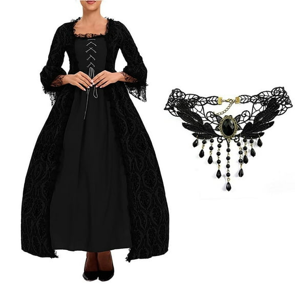 Halloween Costumes 18th Century Women's Rococo Ball Gown Victorian Masquerade Theme Costumes Solid Color Elastic High Waist Dress With Necklace