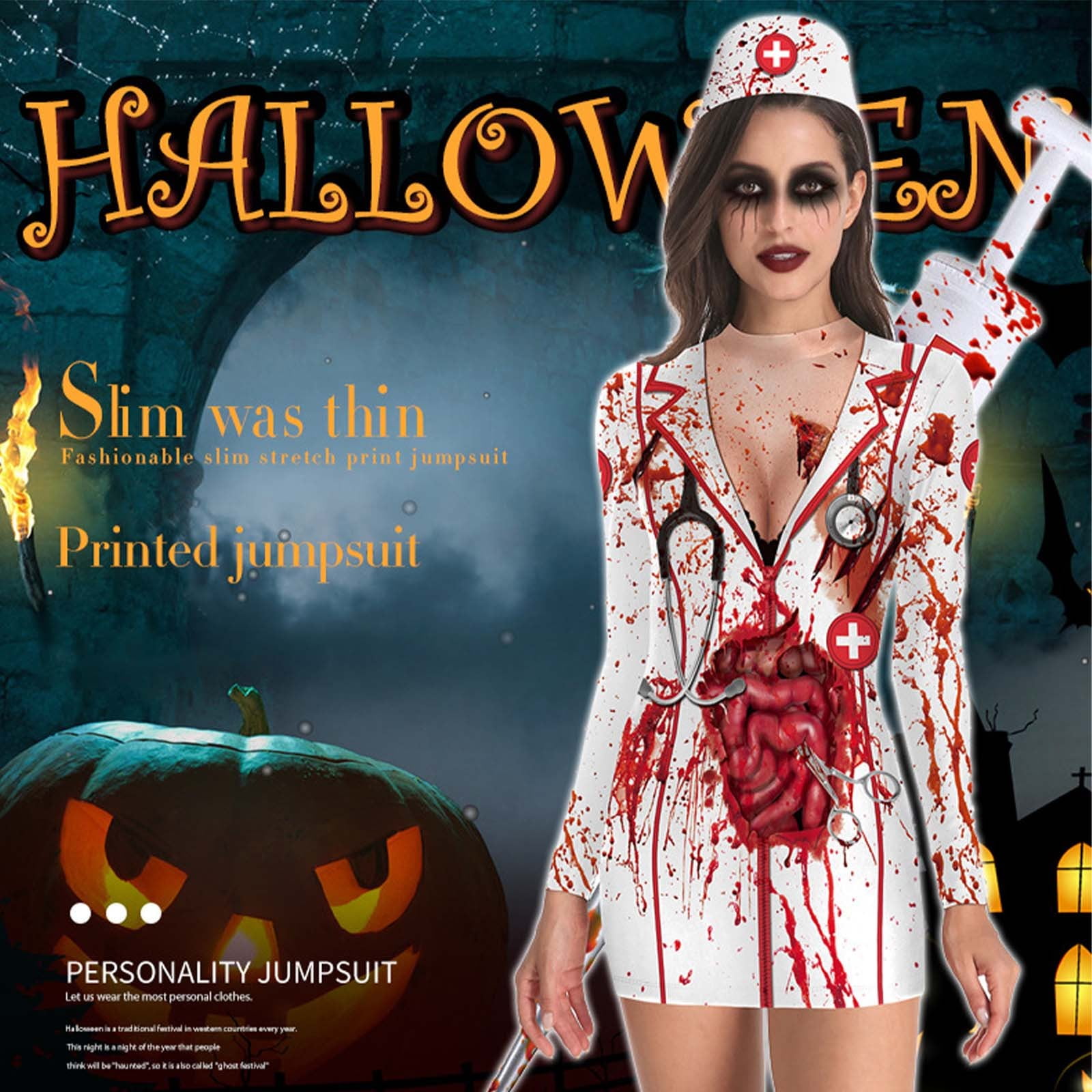 Halloween Costumes 2024 Halloween Nurse Zombie Round Neck Slim Long