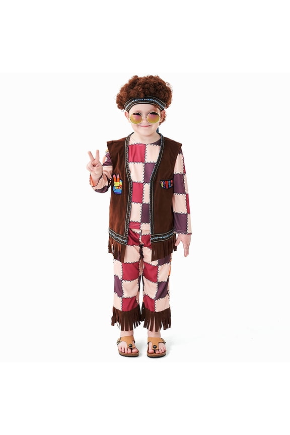 Halloween Costumes 70s Hippie Plaid Outfit Retro Clothing for Halloween Party Performance Stage Show, M, Brown