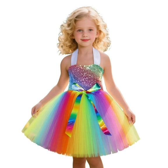 Halloween Dress Rainbow Sequin Puffy Skirt for Girls Kids Party Performance formal Occasion Everyday Wear, 2Y