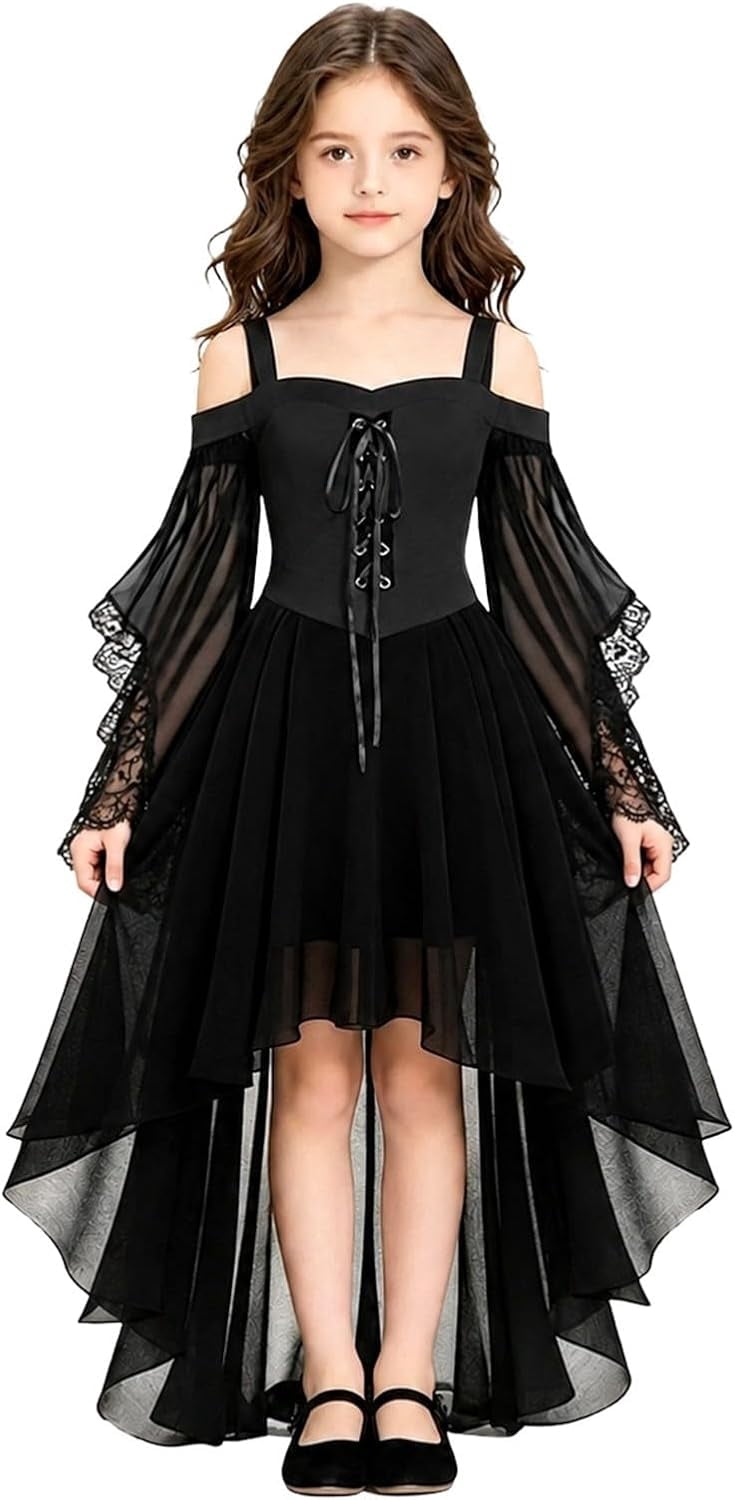 Halloween Costumes Dresses for Gi"rl"s Witch Renaissance Mesh Gothic Dress for Halloween Cosplay Party Dress Up, Black Dresses, Size: 150