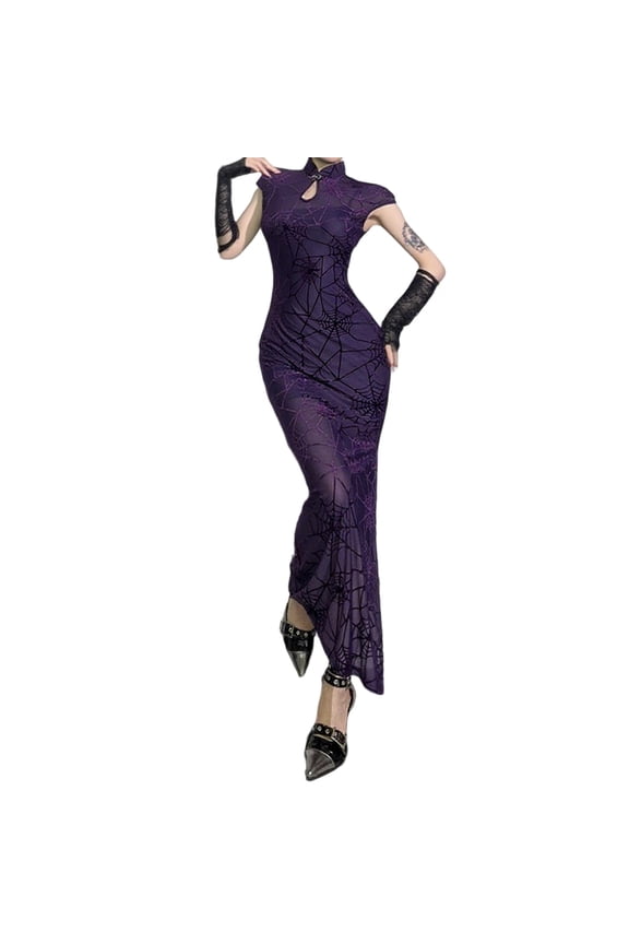 Halloween Elegant Women's Halloween Cheongsam Dress Set Chinese Qipao Outfit for Party Evening Banquet, L