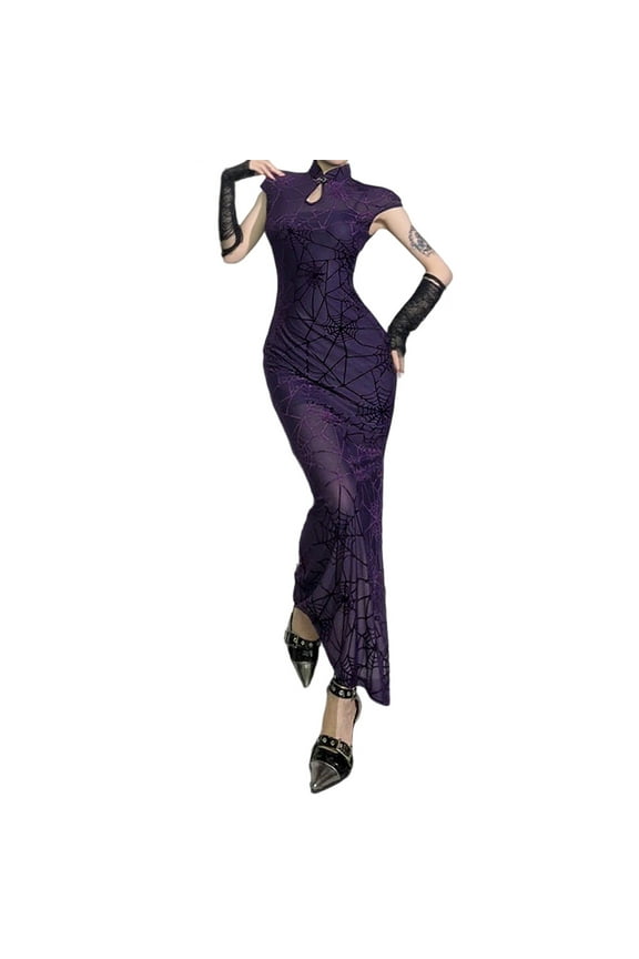 Halloween Elegant Women's Halloween Cheongsam Dress Set Chinese Qipao Outfit for Party Evening Banquet, S