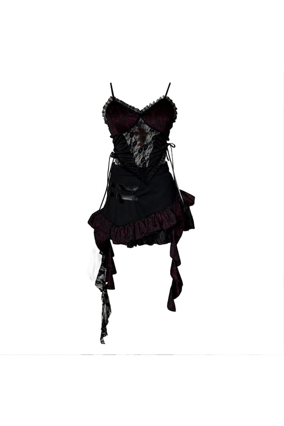 Halloween Gothic Lace Dress for Women Dark Elegant Corset Top and Skirt Set Evening Party Outfit, L, Black