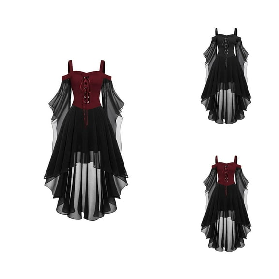Halloween Gothic Style Dresses Plus Size Women's Fashion Midi Dresses with Long Flare Sleeves and Irregular Length for Parties