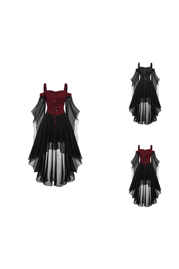 Halloween Gothic Style Dresses Plus Size Women's Fashion Midi Dresses with Long Flare Sleeves and Irregular Length for Parties