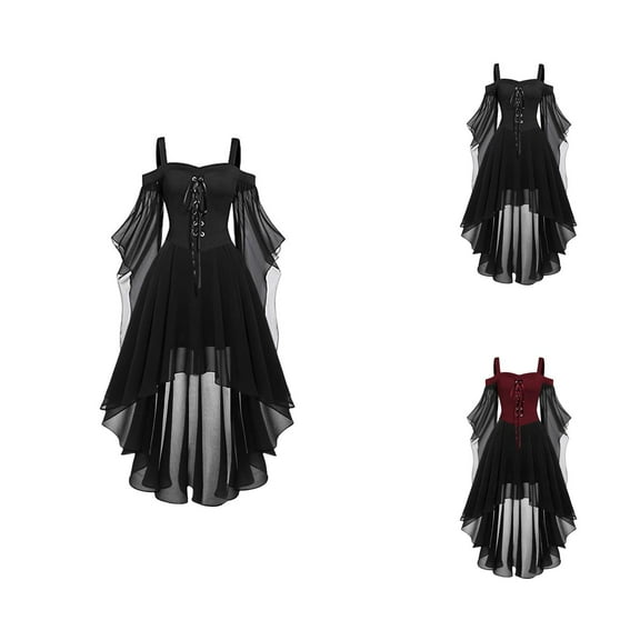Halloween Gothic Style Dresses Plus Size Women's Fashion Midi Dresses with Long Flare Sleeves and Irregular Length for Parties